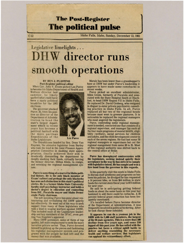 A newspaper article praising DHW director Les Purce for his ability to manage the department through catastrophic cuts in the past couple years. The article gives an in depth profile of Purce both his mannerisms and background. Image labeled "Les Purce."