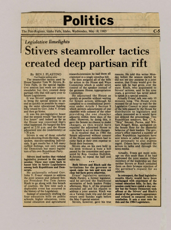 A newspaper article documenting Idaho House Speaker Tom Stivers controversial tactics especially in the 1983 special session. Stivers both refused to let Governor Evans speak at the session and also passed the exact same bill the session was called over. Ultimately the session lasted 4 hours and stoked partisan anger.