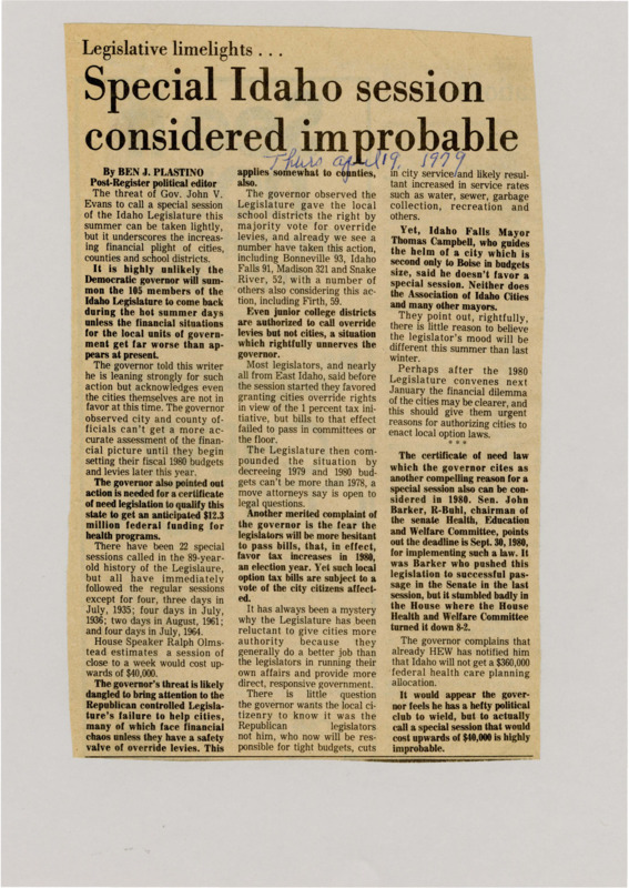 A newspaper article documenting the likelihood that Governor Evans calls a special session over the municipal options and financial relief issue. Plastino doesn't believe Evans will do it unless the issue becomes perceptively worse despite Evans threats to the contrary.