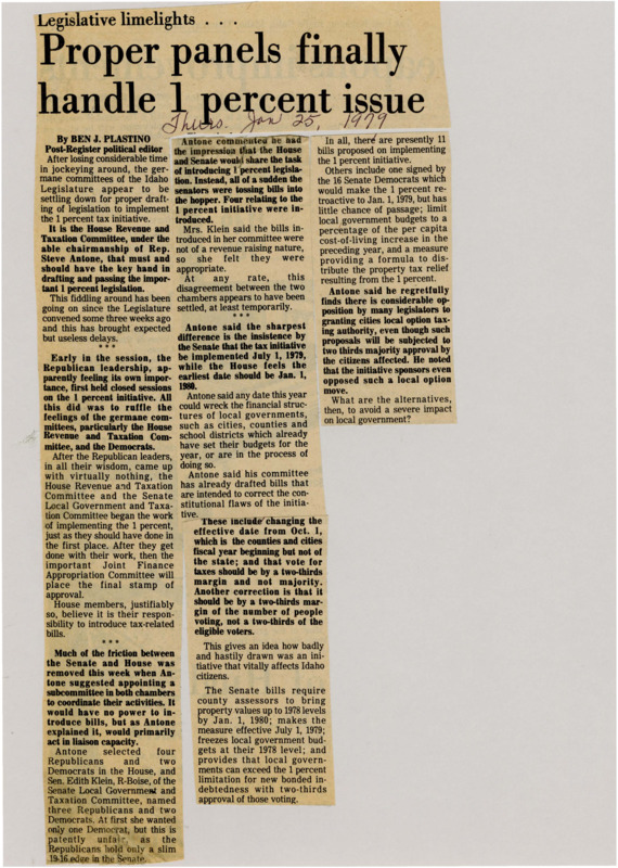 A newspaper article discussing Rep. Steve Atone's goals and plans to help the 1% initiative pass. He plans to create a subcommittee in both houses in the legislature to coordinate action on the initiative and get control of rogue 1% proposals.