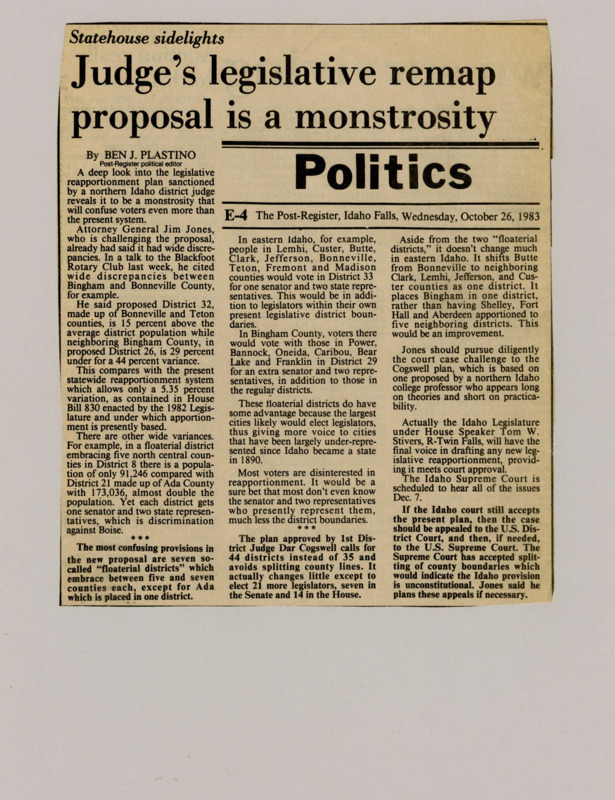 A newspaper article detailing a judges use of 'floaterial' districts as a resolution to the redistricting battle. Plastino believes this is a much more confusing to everyone involved especially voters. The redistricting fight is starting to boil down into how much to expand the legislative body to make an amicable solution.