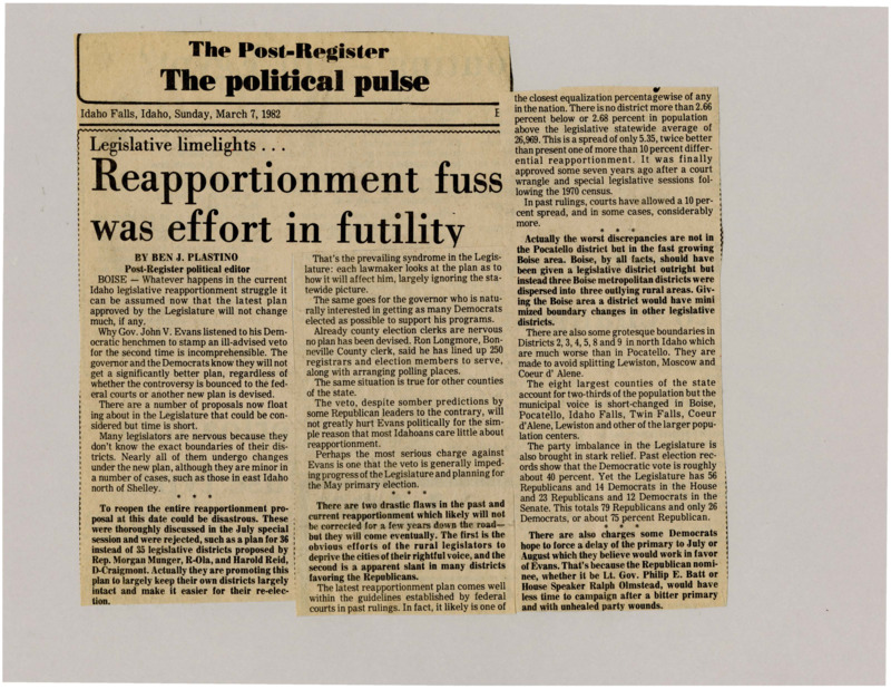 A newspaper article detailing the legislative nightmare reapportionment has been with Democrats fighting against any proposal passed. Plastino wonders why Boise can't just get a new district instead of split into 3 rural districts which has affected reapportionment throughout the state.