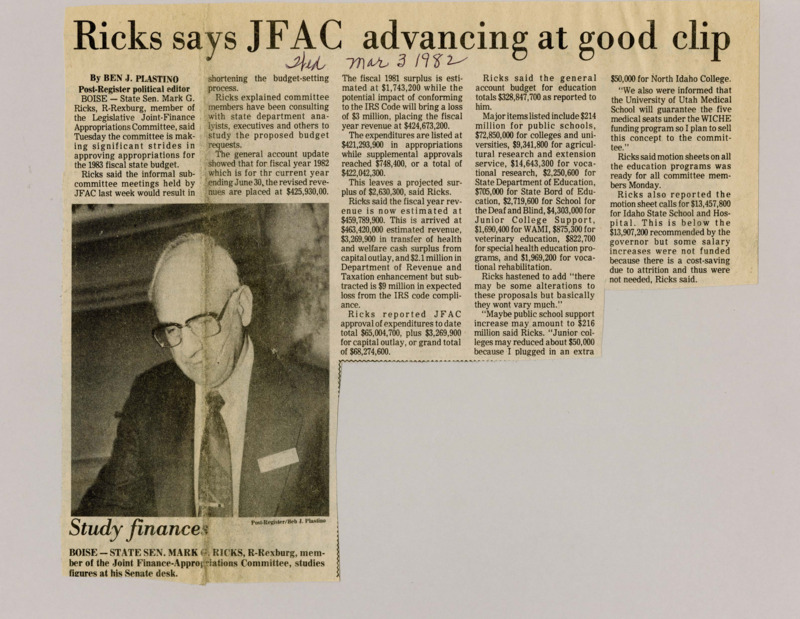 A newspaper article detailing Sen. Mark Ricks and the work that JFAC has done and will have to do. Majority of the appropriations discussion is centered around higher education. Image labeled "Study finances."