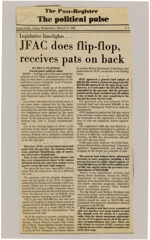A newspaper article detailing JFAC usually extremely financially conservative reversal on several budgetary proposals pleasing Governor Evans. JFAC member said this was due to split votes on several measures in the committee.
