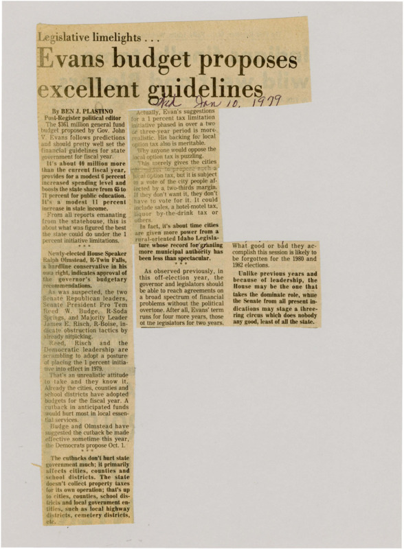 A newspaper article details how Governor Evans budget was acceptable to several members across the aisle. Support for the Local option tax is also referenced.