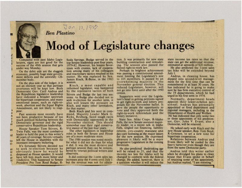 A newspaper article discussing the dreary mood in the capital with a deficit and slow economy. Plastino notes that political bickering between the Democratic governor and the Republican legislature has only gotten worse with time.  Image labeled "Ben Plastino."