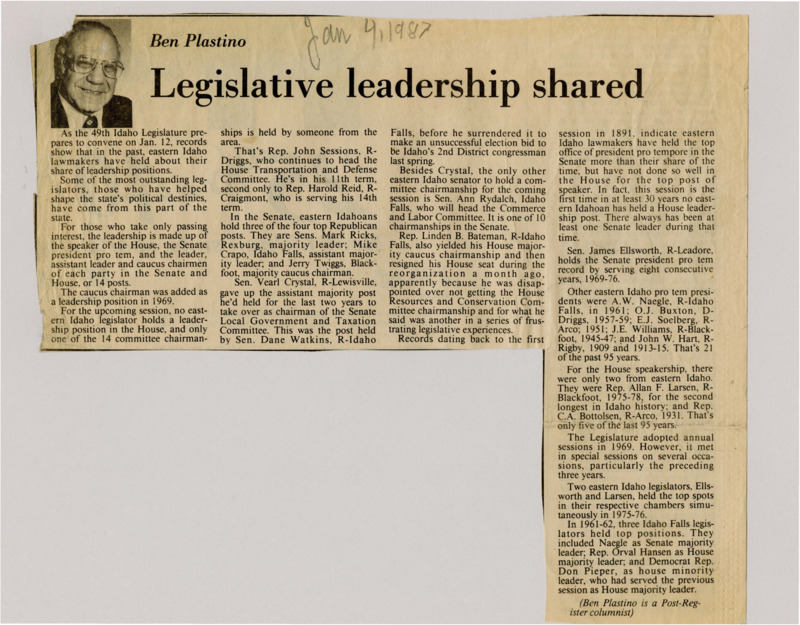 A newspaper article analyzing the historical trends of Eastern Idahoan legislators holding key positions. This trend holds true with several of the 49th legislature holding committee and leadership positions. Image labeled "Ben Plastino."
