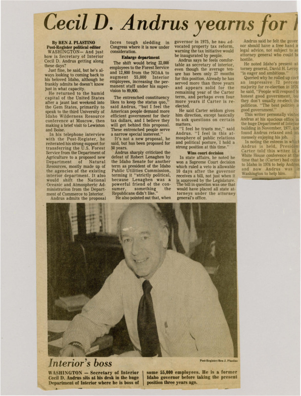 A newspaper article detailing the achievements of Cecil Andrus as the secretary of the interior. Andrus also tells Plastino how Idaho is doing in public lands and wilderness. Image labeled "Interior's boss."