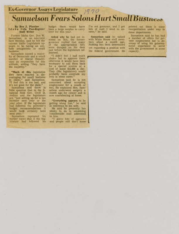A newspaper article detailing the former governor of Idaho Don Samuelson's belief that Democratic and liberally minded Republicans are enacting policy harmful to small business.