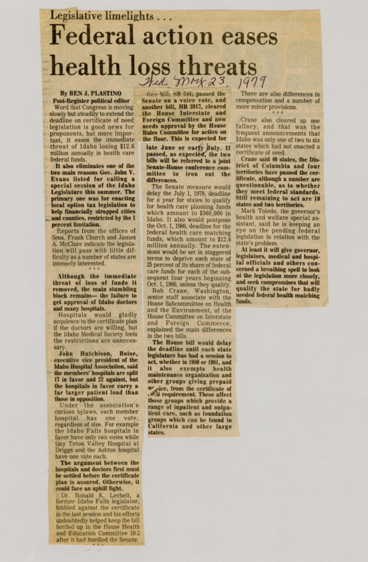 A newspaper article details the federal government possibly not reducing funding for Idaho health. Another major problem is the certification process for doctors.