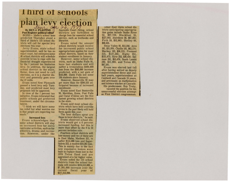 A newspaper article detailing the estimated 40 school districts proposing school levies to shore up funds from the new 1% initiative. The other consequences are higher fees for extracurricular activities.