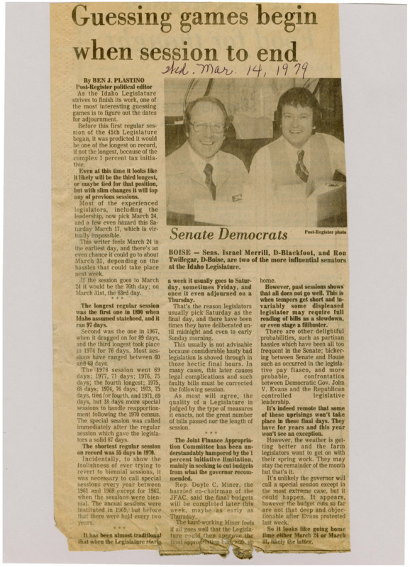 A newspaper article detailing when legislators might be able to go home from the 1979 session. Its tied for the third longest legislative meeting in the states history. Image labeled "Senate Democrats."