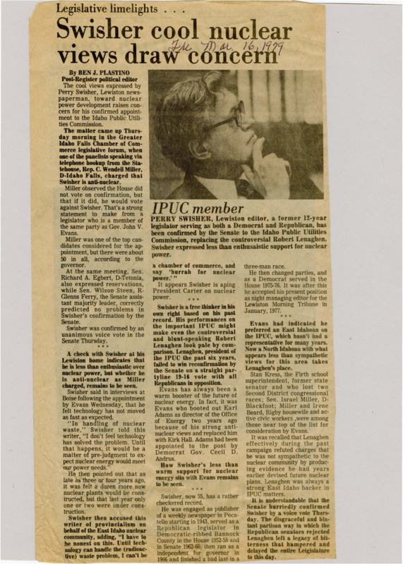 A newspaper article discussing the concern around new member of the Idaho Public Utilities Commission Perry Swisher. Accusations that Swisher is anti nuclear with Swisher admittedly cautious about the technology. Image labeled "IPUC member."