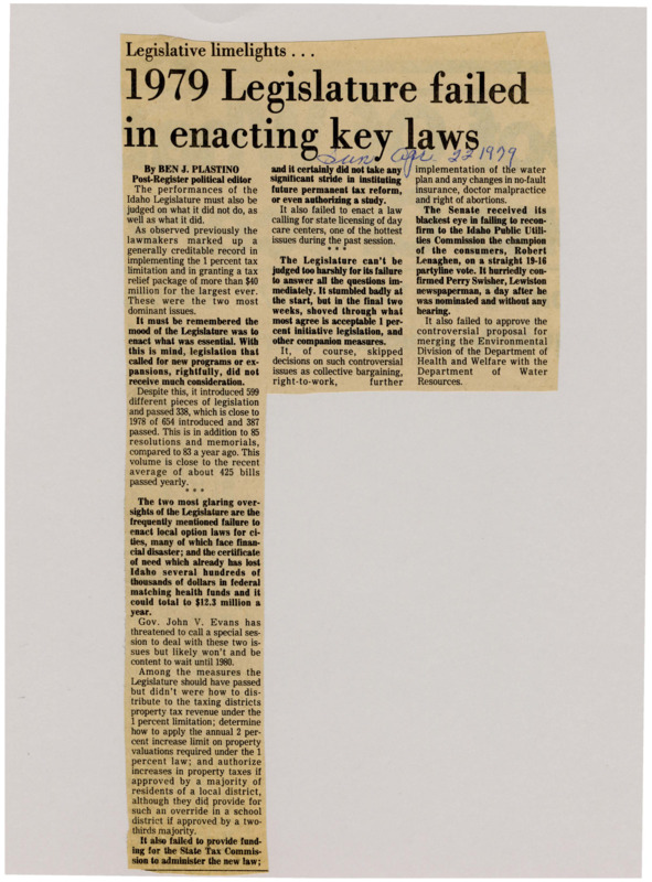 A newspaper article discussing the lack of things done at the 1979 legislative session. Key policies failed to pass such as options for municipalities and the utilization of the federal money matching program. Further topics that didn't make it to floor.