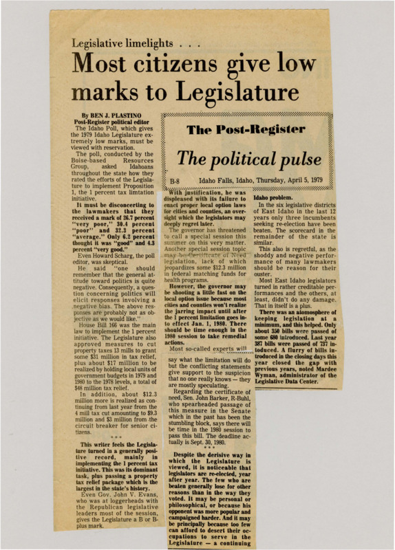 A newspaper article discussing a favorability poll that had Idaho voters rank the 1979 Idaho legislature with 90% of votes falling between the 'very poor' 'poor' and 'average'. The article documents the general dysfunction in the senate.