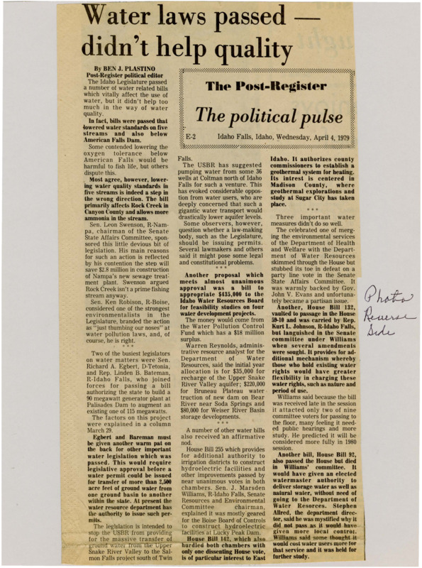 A newspaper article detailing the lack of impact of water legislation on improving quality however do have great implications for how the water can be used. The rest of the article discusses various water related projects around the state such as a Nampan water reclamation facility and its impact on local fishing streams.