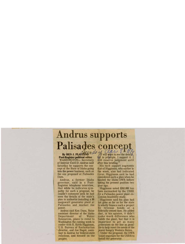 A newspaper article detailing former Idaho governor and secretary of the interior Cecil Andrus' support of the installation of a generator at the Palisades Dam.