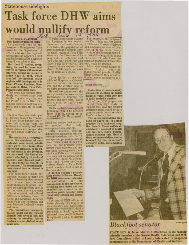 A newspaper article explaining that cutting DHW administration staff further after major reorganizations in the early 70s would severely limit the quality and services they can provide. Image labeled "Blackfoot senator."