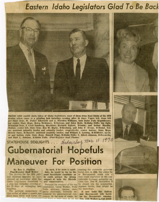 A newspaper article detailing the 1970 gubernatorial race with several possible candidates with fights over respective party nominations. Several images labeled "Eastern Idahoan legislators glad to be back," "Home after grinding 1970 session."