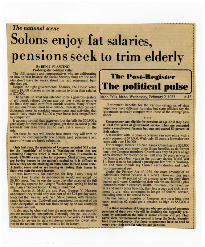 A newspaper article criticizing congress for voting to cut social security spending during the same session they approved a raise to congressional members salaries and retirements. Plastino noted that even those who refused the raise utilized a 75$ a day to help live in DC and also buy second homes for some reason.