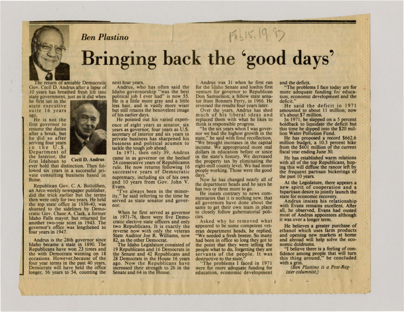 A newspaper article detailing the impact Cecil Andrus is having in his second term 'breathed fresh life into the state capital.' Andrus details that the problems he is facing for the next budget year is additional funds for education, economic development, and the deficit. Two images, one labeled "Ben Plastino," and "Cecil D. Andrus."