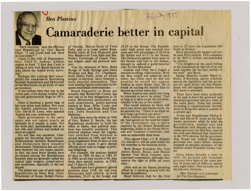 A newspaper article discussing the fact that even though the Lt. governor and governor are different parties there's a sense of true friendship not seen on the capital in a long time. Image labeled "Ben Plastino."