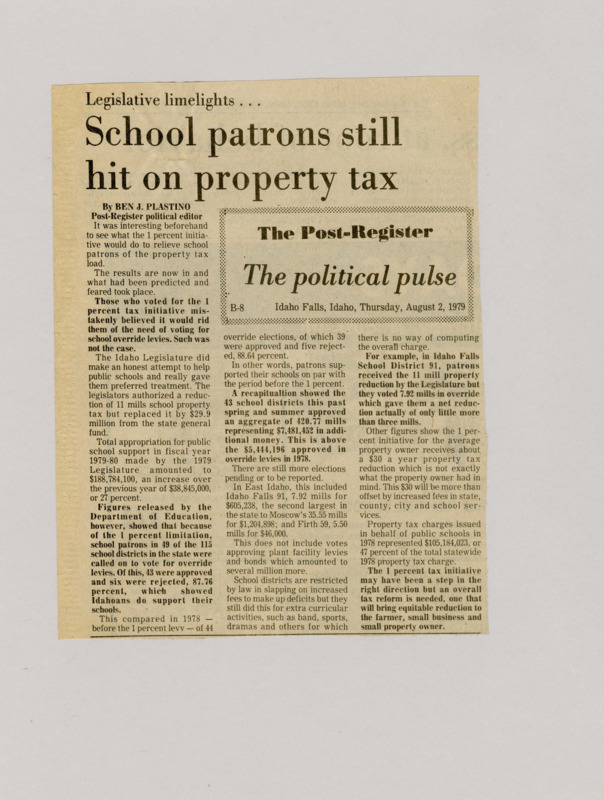 A newspaper article detailing the 1% tax initiatives impact on school funding. The article also mentions out of the 49 school levies 43 passed showing clear sign that voters approve of education funding.