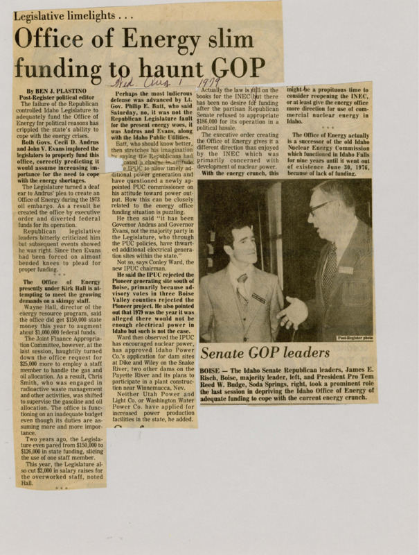 A newspaper article detailing the aftermath of Republican budget cuts on the office of energy leaving it unprepared to deal with the energy crisis. Plastino supports reestablishing the INEC to help steer commercial use of nuclear energy in idaho. Image labeled "Senate GOP leaders."