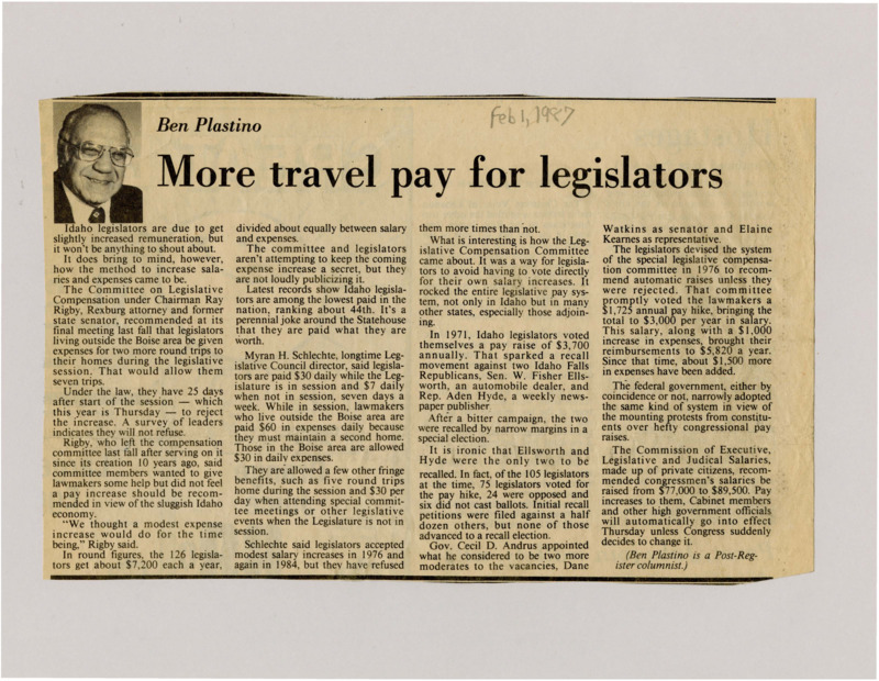 A newspaper article describing the history of pay increases in the Idaho senate and the aftermath of such legislation. Image labeled "Ben Plastino."