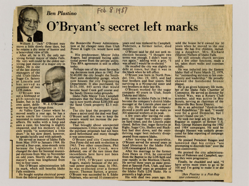 A newspaper article about the former mayor of Idaho Falls O'Bryant. It delves into some of the most controversial acts by the mayor and his political career. Two images one labeled "Ben Plastino," and "W. J. O'Bryant."