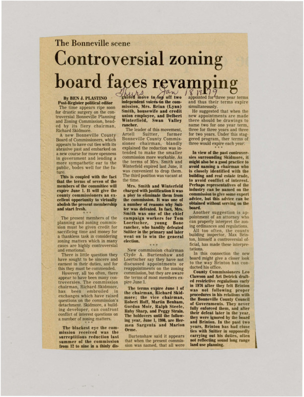 A newspaper article detailing the changes in the Bonneville zoning board. A detailed backstory of several members and controversies.