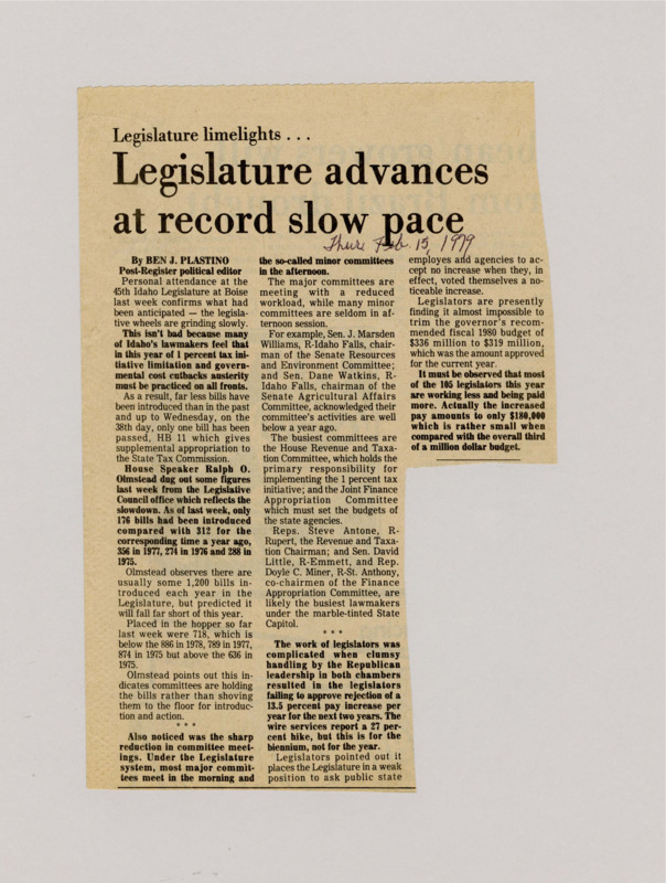 A newspaper article discussing the sluggish legislature. The total amount of bills passed has decreased significantly and committees have not been meeting at normal amounts.