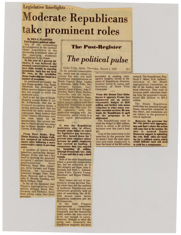 A newspaper article detailing the prominence of several moderate republicans in key committees and the impact on potential policy. There is also discussion on Governor Evans budget bill and the need for compromise between both parties.