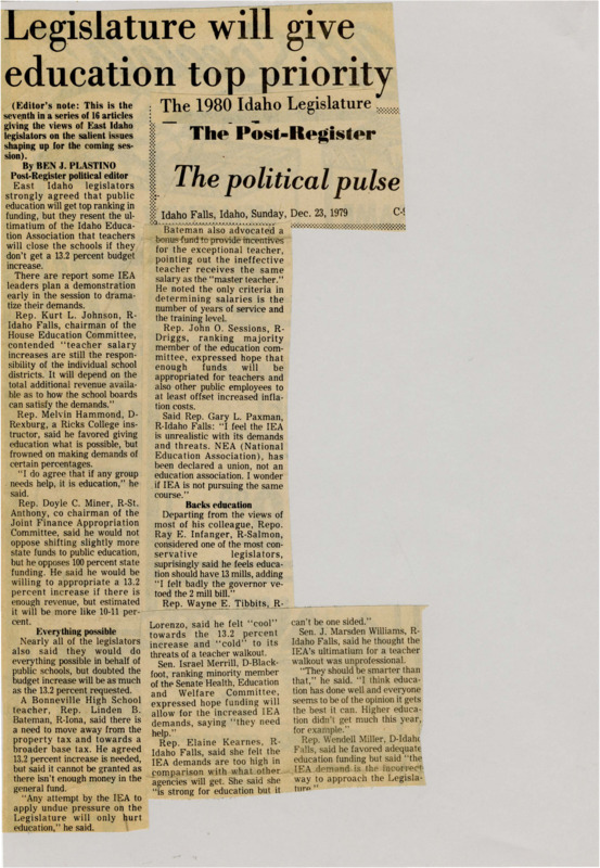 A newspaper article detailing the views of East Idahoan legislators on education. There's consensus among legislators that education is the most important topic in the funding bill.