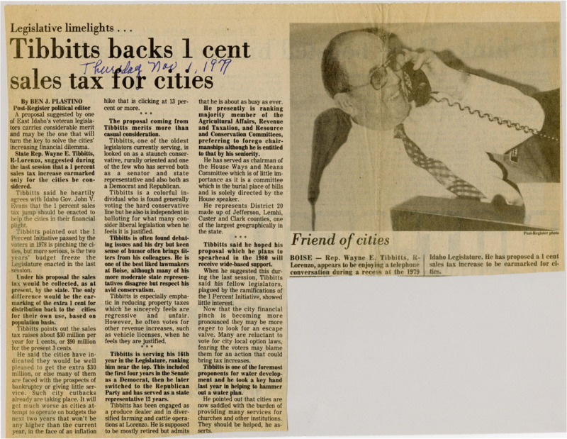 A newspaper article detailing Rep. Wayne Tibbits support for increasing sales taxes in the cities and then returning that amount to the cities administrations;  Image labeled "Friend of cities."