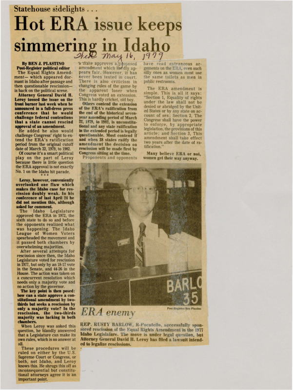A newspaper article detailing the political history of the Equal Rights Amendment in Idaho. The author questions why the constitutional ratification vote took a 2/3rds majority and the recession only took a majority vote. Image labeled "ERA enemy."