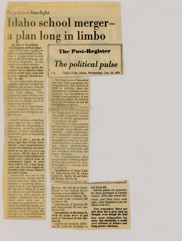 A newspaper article explaining the school district consolidation fight in the state. The author notes that while many would not support decreasing autonomy it would cut costs.