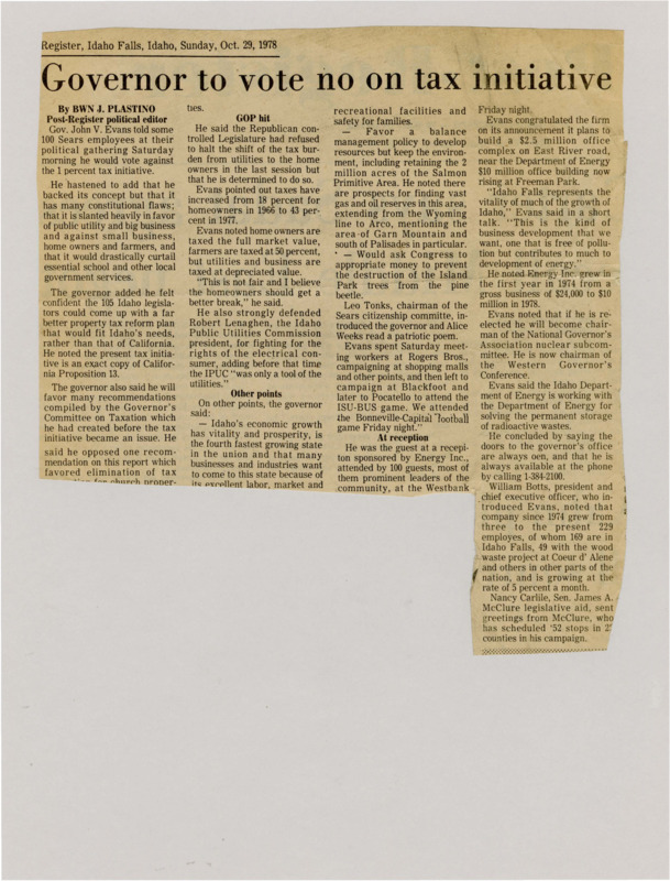 A newspaper article detailing Governor Evans opinions on the tax initiative and why he won't support it. He references its impacts on public utilities and small businesses
