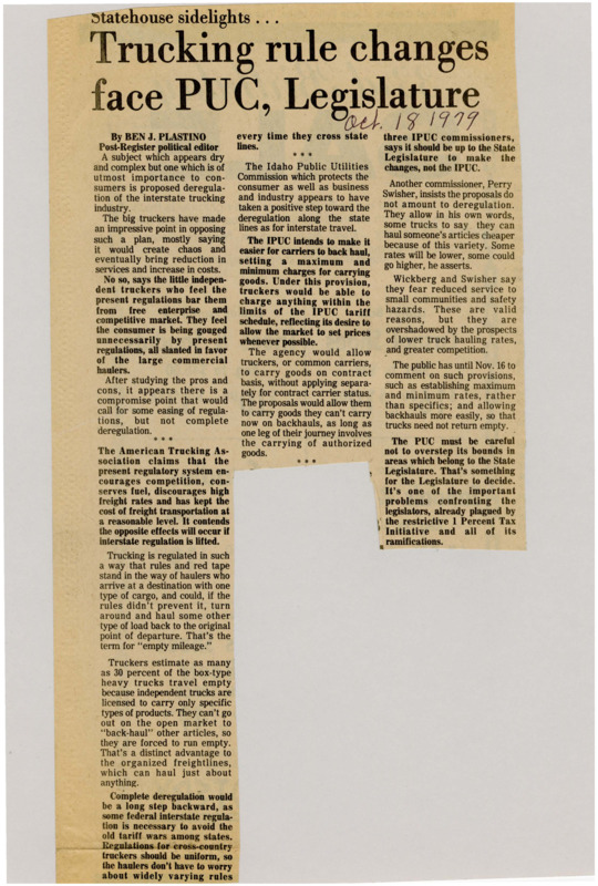 A newspaper article detailing possible trucking regulation changes. Small truckers believe that the current legislation favors large scale trucking while the big trucking companies believe deregulation would introduce more chaos into the market.