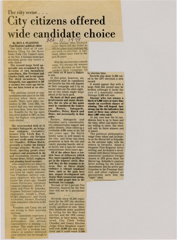 A newspaper article detailing all the different types of candidates for the Idaho Falls city council election. It includes profiles on each candidate.
