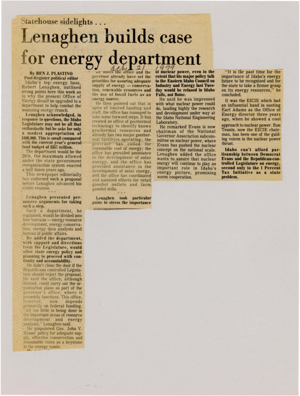 A newspaper article detailing the Office of Energy's plea for additional funding to help strike a balance between energy conservation, energy production. There's also discussion of the INEL research and nuclear as a way to reduce the energy crunch.