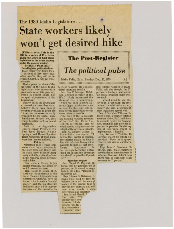 A newspaper article detailing eastern Idaho legislators views on public worker salaries. For the most part they disagree with the scale of the increase and dental coverage.