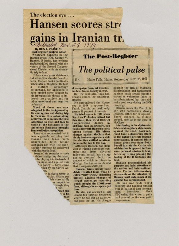 A newspaper article discussing Senator George Hansen's efforts in Iran. There's mentions of both support and criticism for his action, especially for his interference in American Iranian relations. The article is damaged and unreadable in some portions.