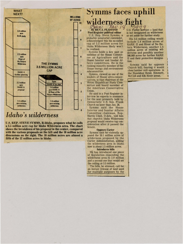 A newspaper article detailing Rep. Steve Symm's fight in congress to cap Idaho wilderness acreage. There's analysis of the opposition to his proposal. A graph labeled "Idaho's wilderness."
