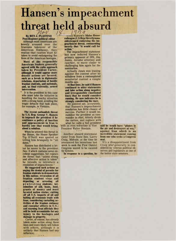 A newspaper article detailing Rep. George Hansen's threat to impeach Jimmy Carter over Iran response.