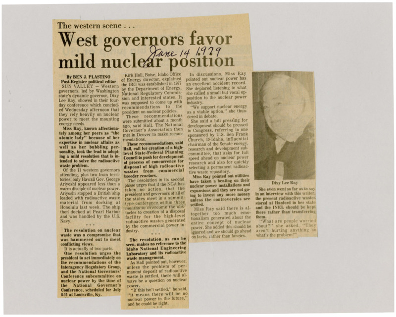 A newspaper article detailing the western governors conference and Washington Governor Dixy Lee Ray and her policies concerning Nuclear waste management in the west. Image labeled "Dixy Lee Ray."