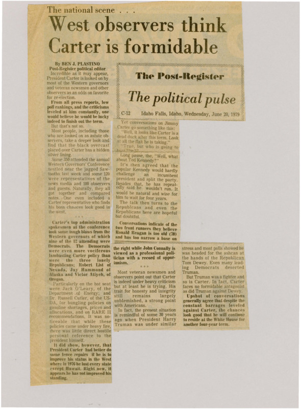 A newspaper article detailing President Carter's polling in western states and possibility of gaining ground against Ronald Reagan in the region. There's an analysis of the history of presidential election in the west.