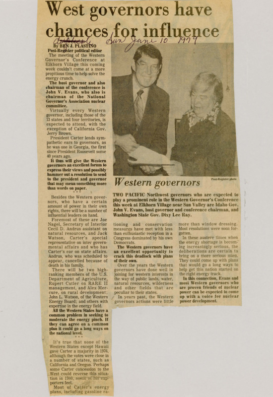 A newspaper article detailing the strength of western governors breaking the gridlock on energy in congress by universally supporting nuclear development. Image labeled "Western governors."