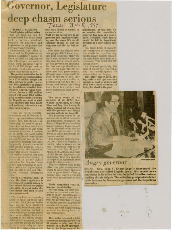 A newspaper article discussing the partisan divide on Governor Evans budget bill. The article details the unwillingness to compromise hampering the process but doubts the issue will last past March. Image labeled "Angry governor."