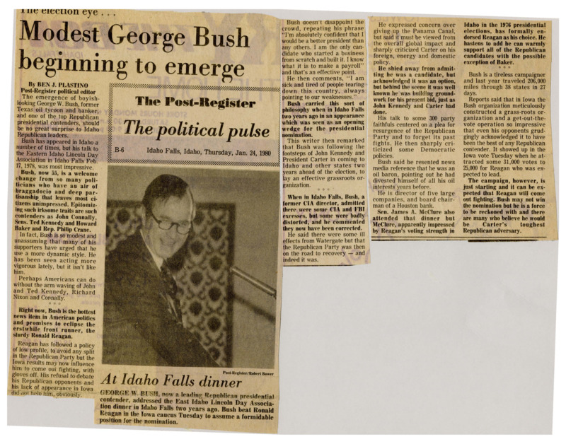 A newspaper article discussing the political future and potential of George H.W. Bush especially in the 1980 presidential election. The article believes he would be Carters toughest Republican challenge. Image labeled "At Idaho Falls dinner."
